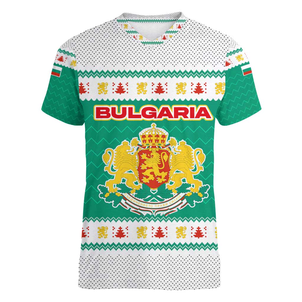 Bulgaria Christmas Women V-Neck T-Shirt with Green-White Theme, Coat of Arms, and National Flag Motif - Wonder Print Shop