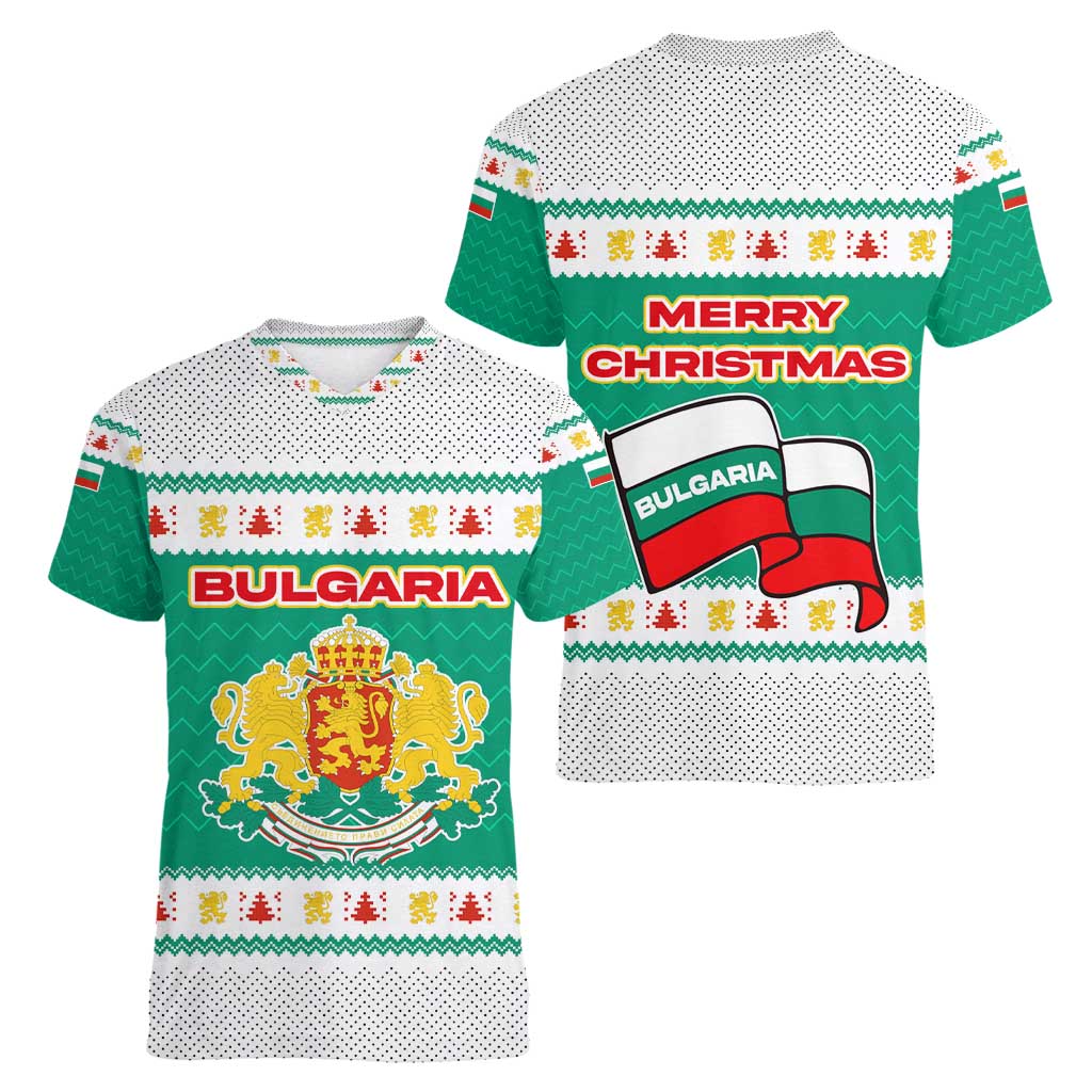 Bulgaria Christmas Women V-Neck T-Shirt with Green-White Theme, Coat of Arms, and National Flag Motif - Wonder Print Shop