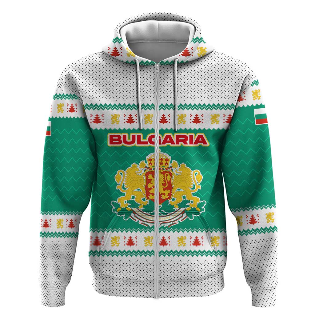 Bulgaria Christmas Zip Hoodie with Green-White Theme, Coat of Arms, and National Flag Motif - Wonder Print Shop