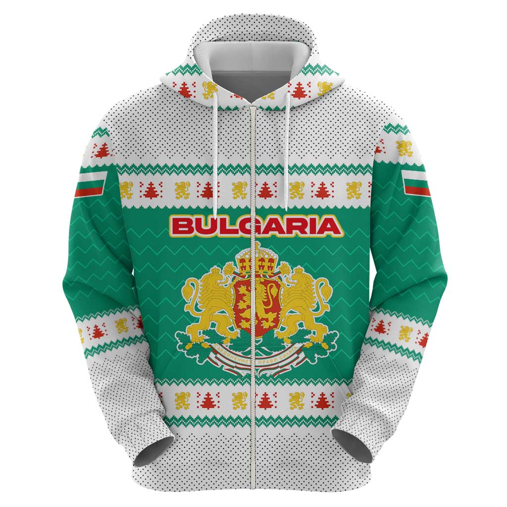Bulgaria Christmas Zip Hoodie with Green-White Theme, Coat of Arms, and National Flag Motif - Wonder Print Shop
