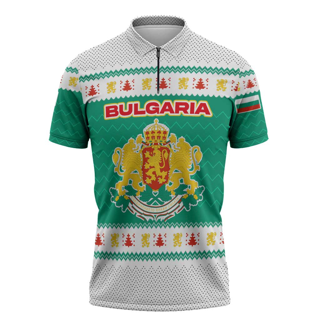 Bulgaria Christmas Zipper Polo Shirt with Green-White Theme, Coat of Arms, and National Flag Motif - Wonder Print Shop