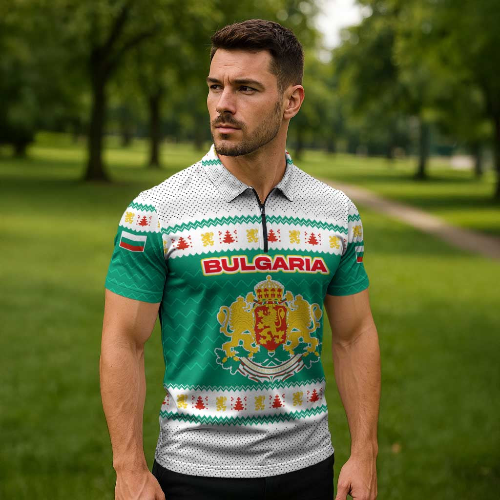 Bulgaria Christmas Zipper Polo Shirt with Green-White Theme, Coat of Arms, and National Flag Motif - Wonder Print Shop