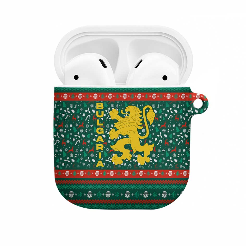 Bulgaria Christmas AirPods Case with Green-Red Theme, Golden Lion, and Santa Sleigh Motif - Wonder Print Shop