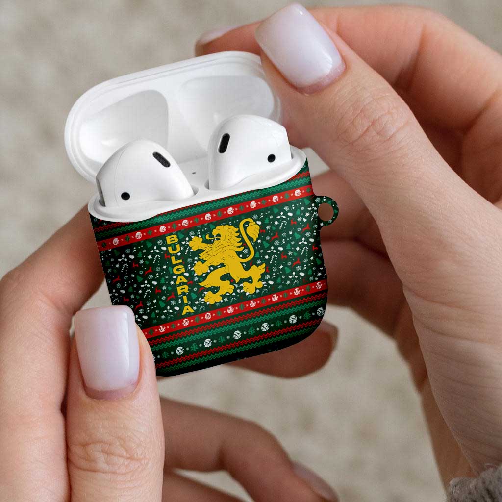 Bulgaria Christmas AirPods Case with Green-Red Theme, Golden Lion, and Santa Sleigh Motif - Wonder Print Shop