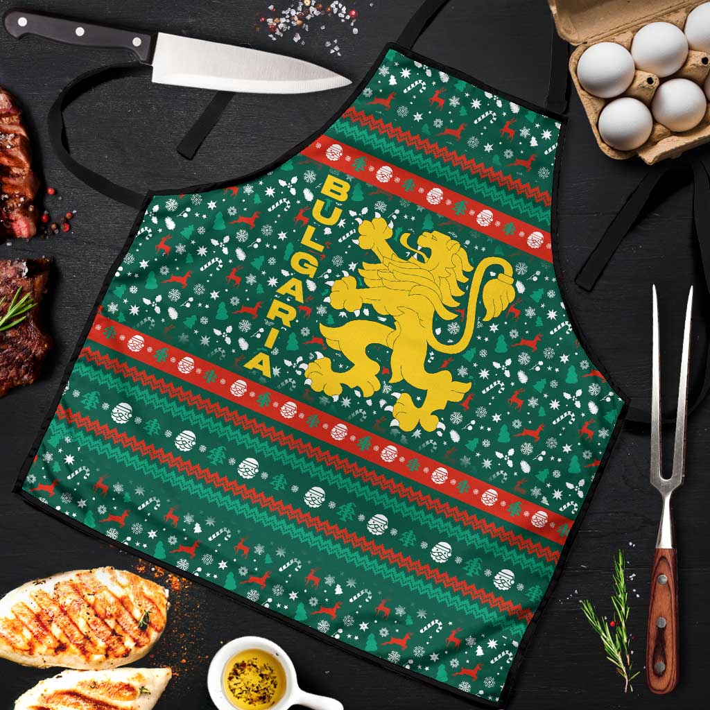 Bulgaria Christmas Apron with Green-Red Theme, Golden Lion, and Santa Sleigh Motif - Wonder Print Shop