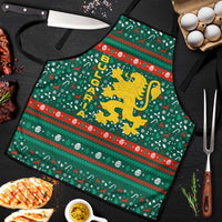 Bulgaria Christmas Apron with Green-Red Theme, Golden Lion, and Santa Sleigh Motif - Wonder Print Shop