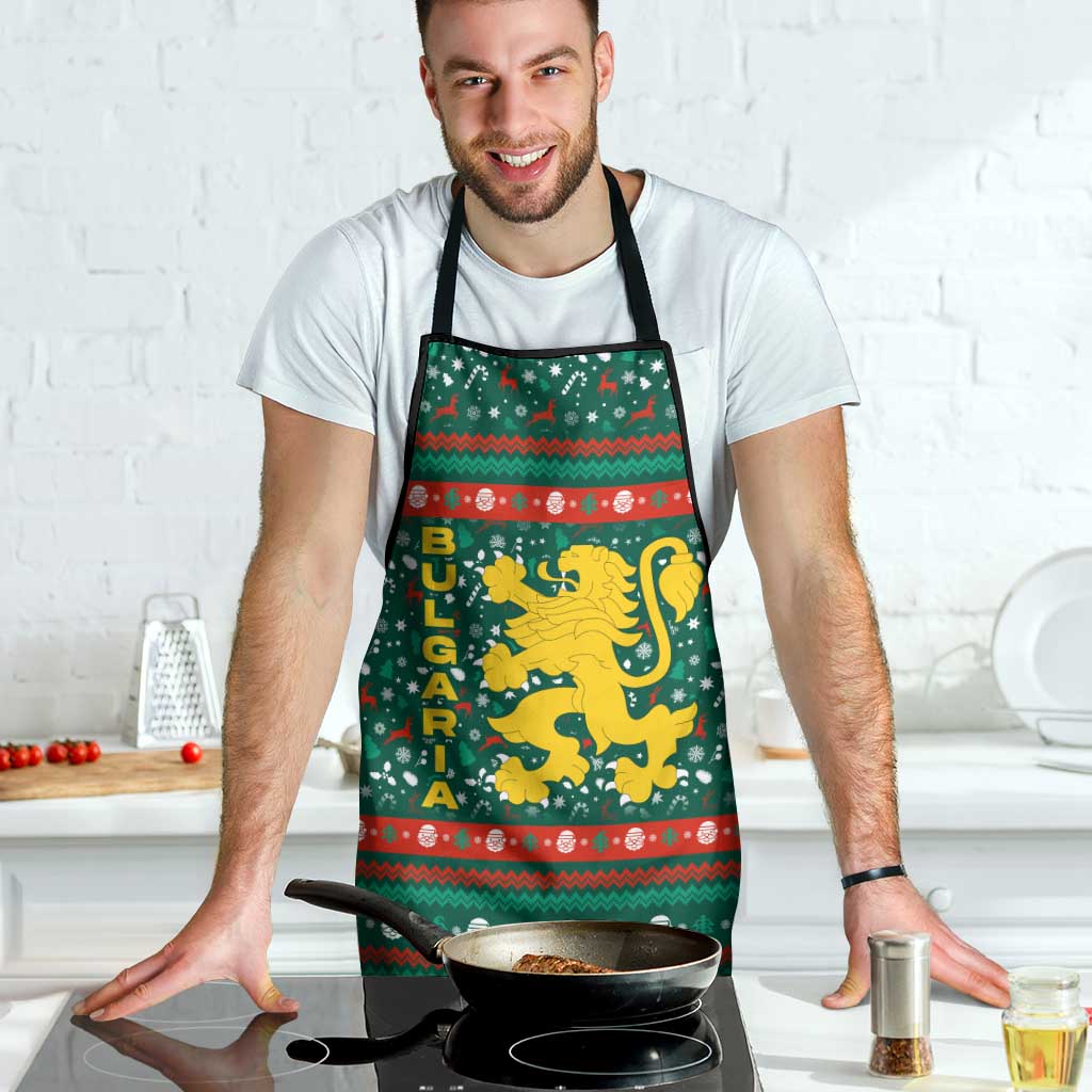 Bulgaria Christmas Apron with Green-Red Theme, Golden Lion, and Santa Sleigh Motif - Wonder Print Shop