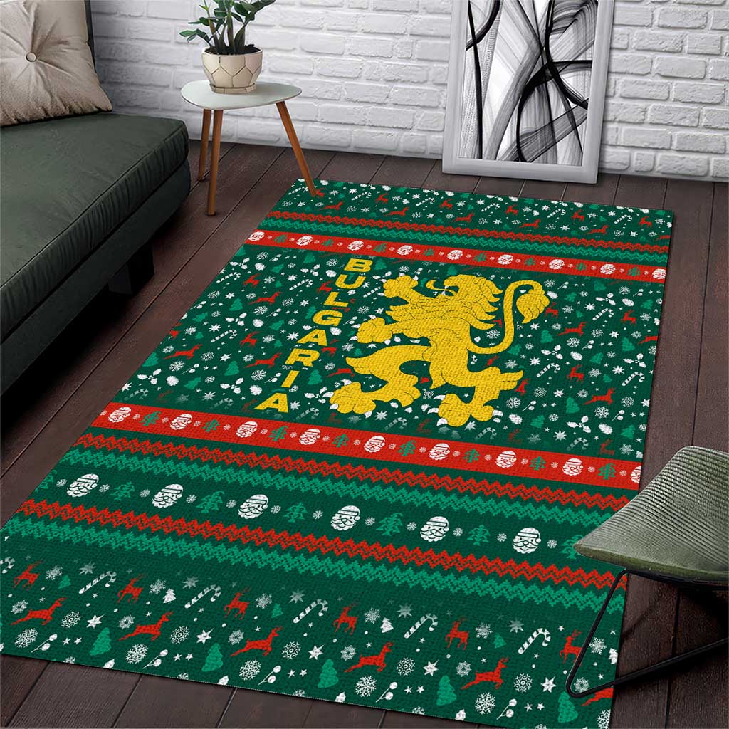 Bulgaria Christmas Area Rug with Green-Red Theme, Golden Lion, and Santa Sleigh Motif - Wonder Print Shop