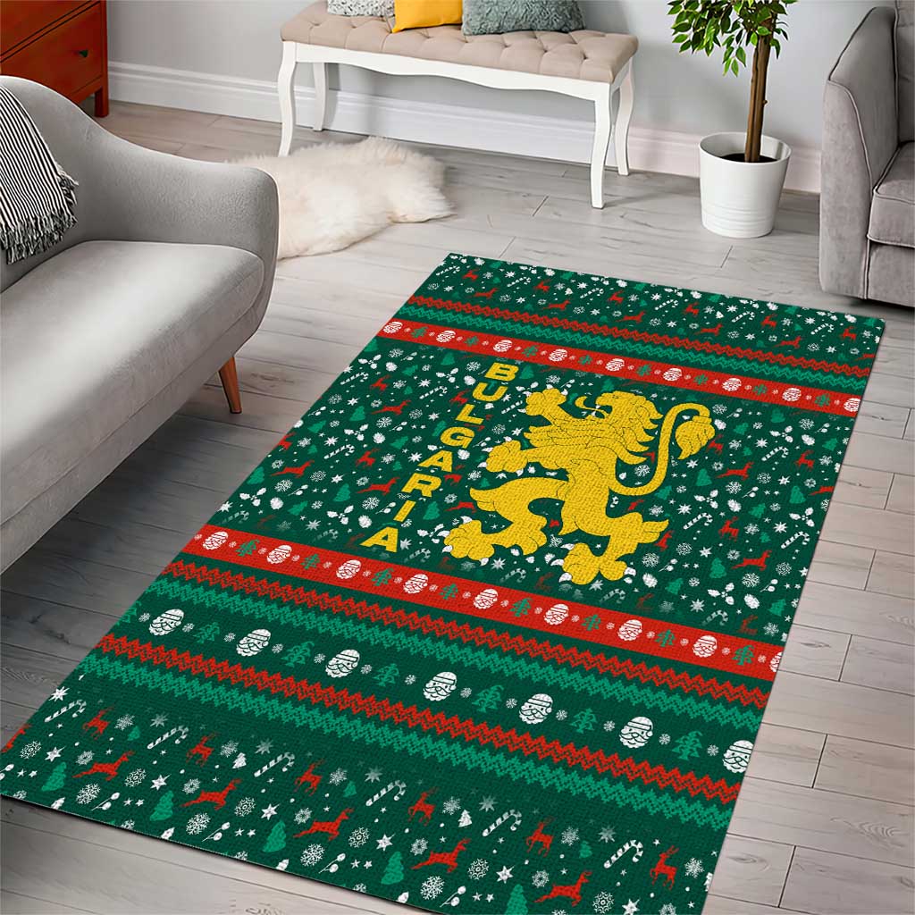 Bulgaria Christmas Area Rug with Green-Red Theme, Golden Lion, and Santa Sleigh Motif - Wonder Print Shop