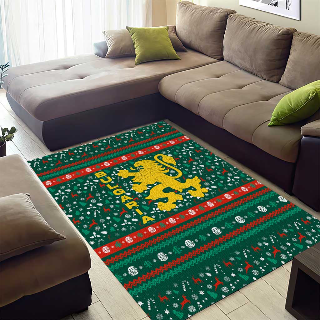 Bulgaria Christmas Area Rug with Green-Red Theme, Golden Lion, and Santa Sleigh Motif - Wonder Print Shop