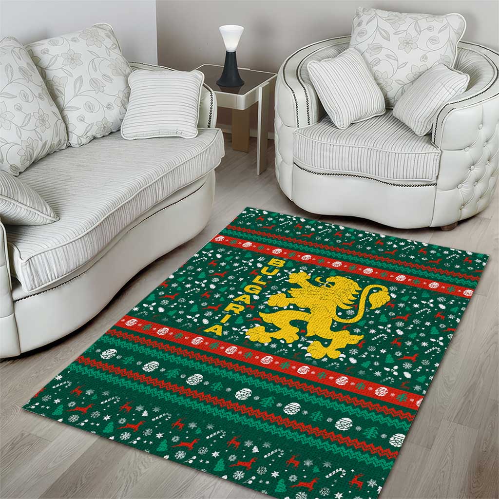 Bulgaria Christmas Area Rug with Green-Red Theme, Golden Lion, and Santa Sleigh Motif - Wonder Print Shop
