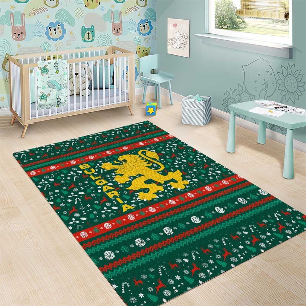 Bulgaria Christmas Area Rug with Green-Red Theme, Golden Lion, and Santa Sleigh Motif - Wonder Print Shop
