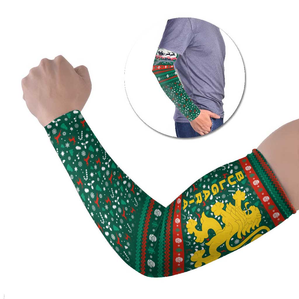 Bulgaria Christmas Arm Sleeves with Green-Red Theme, Golden Lion, and Santa Sleigh Motif - Wonder Print Shop