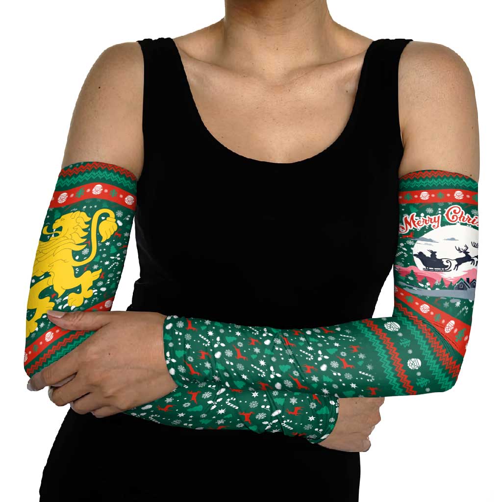 Bulgaria Christmas Arm Sleeves with Green-Red Theme, Golden Lion, and Santa Sleigh Motif - Wonder Print Shop