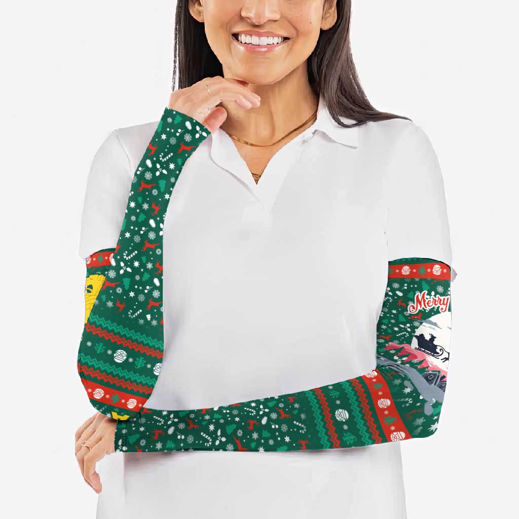 Bulgaria Christmas Arm Sleeves with Green-Red Theme, Golden Lion, and Santa Sleigh Motif - Wonder Print Shop
