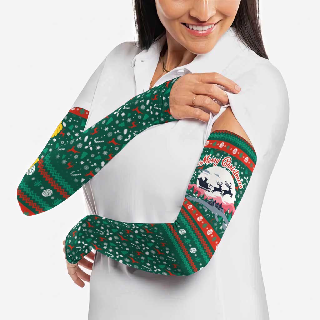 Bulgaria Christmas Arm Sleeves with Green-Red Theme, Golden Lion, and Santa Sleigh Motif - Wonder Print Shop