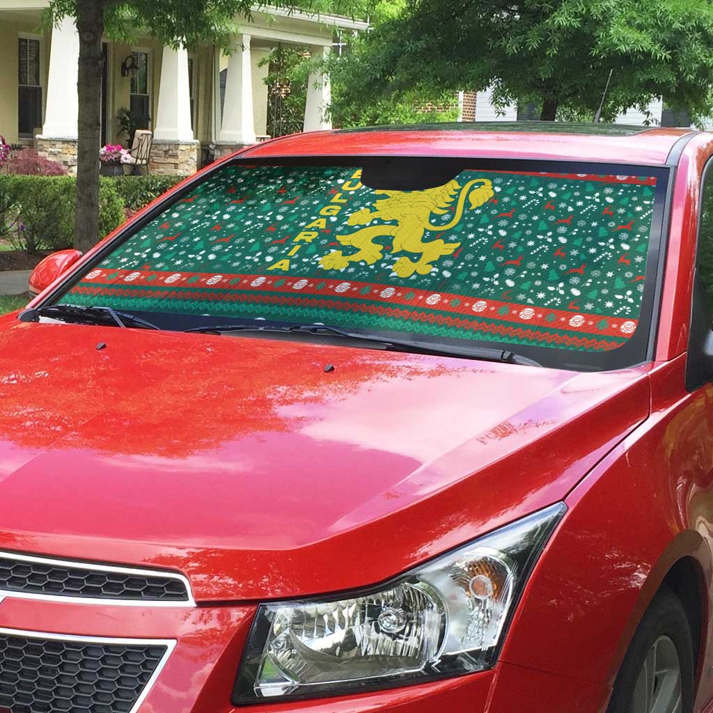 Bulgaria Christmas Auto Sun Shade with Green-Red Theme, Golden Lion, and Santa Sleigh Motif - Wonder Print Shop