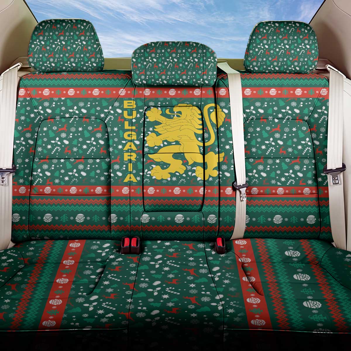 Bulgaria Christmas Back Car Seat Cover with Green-Red Theme, Golden Lion, and Santa Sleigh Motif - Wonder Print Shop