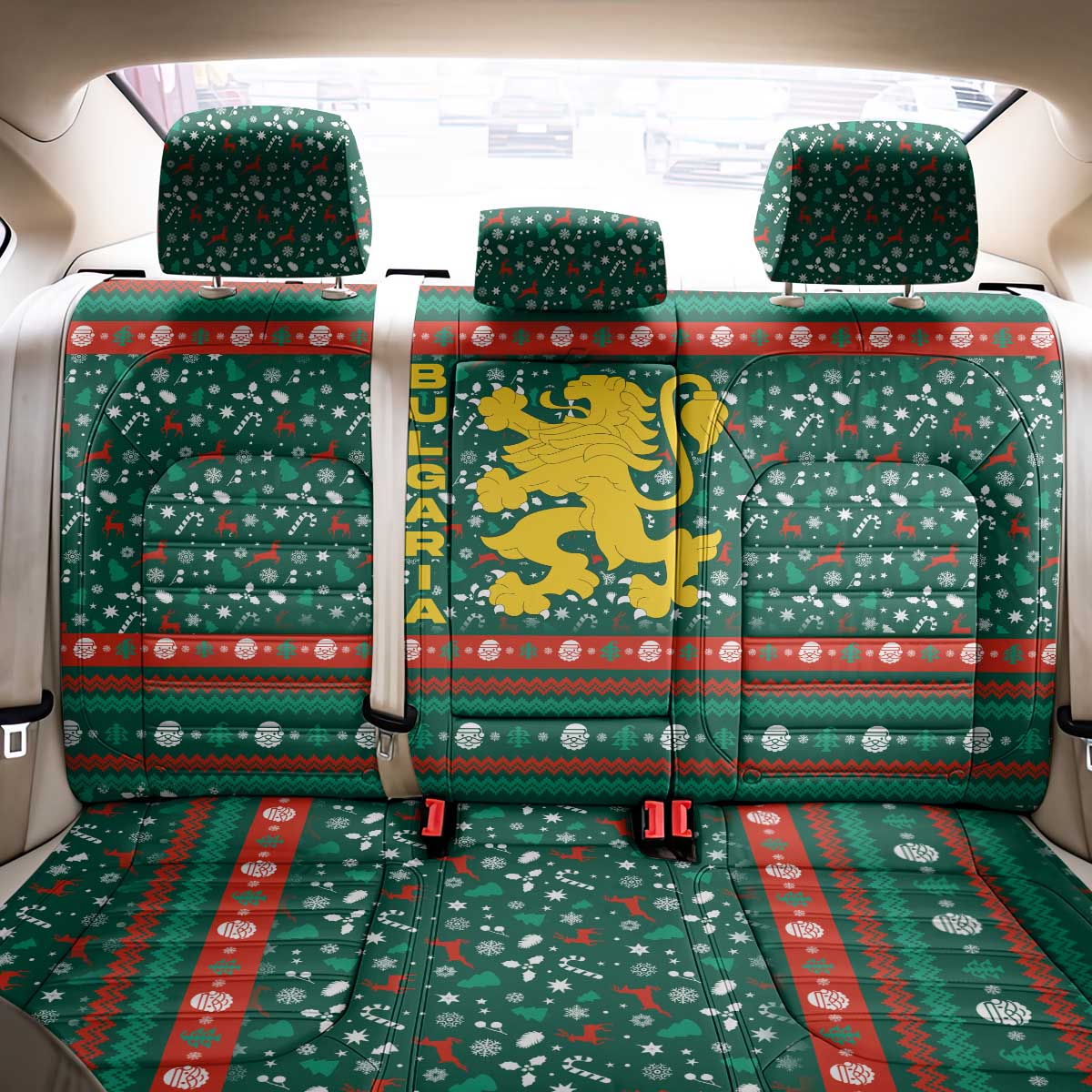 Bulgaria Christmas Back Car Seat Cover with Green-Red Theme, Golden Lion, and Santa Sleigh Motif - Wonder Print Shop
