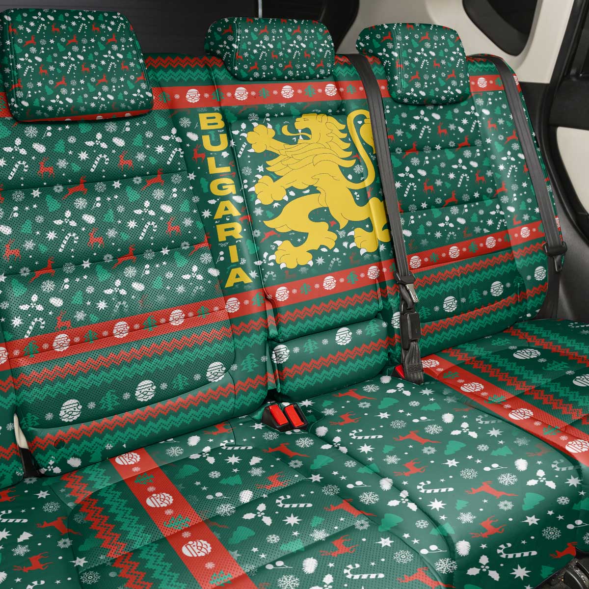 Bulgaria Christmas Back Car Seat Cover with Green-Red Theme, Golden Lion, and Santa Sleigh Motif - Wonder Print Shop