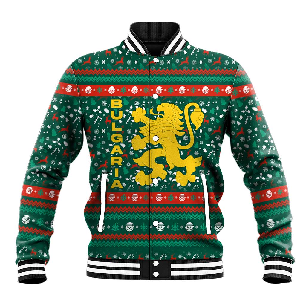 Bulgaria Christmas Baseball Jacket with Green-Red Theme, Golden Lion, and Santa Sleigh Motif - Wonder Print Shop