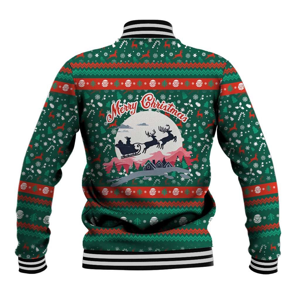 Bulgaria Christmas Baseball Jacket with Green-Red Theme, Golden Lion, and Santa Sleigh Motif - Wonder Print Shop