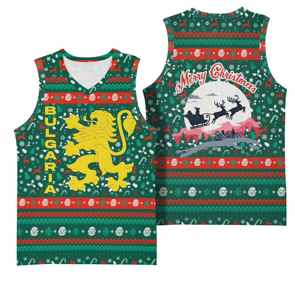 Bulgaria Christmas Basketball Jersey with Green-Red Theme, Golden Lion, and Santa Sleigh Motif - Wonder Print Shop