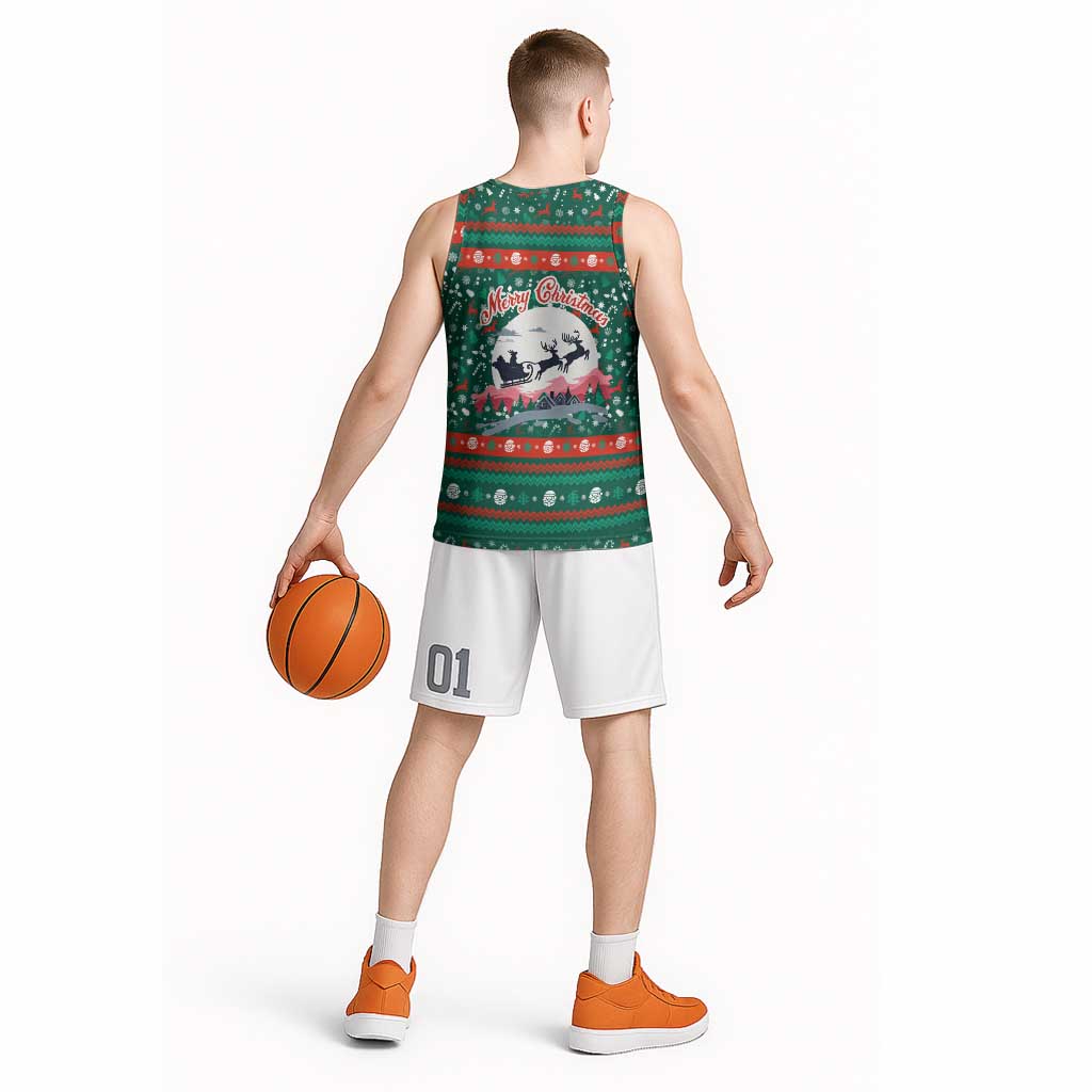 Bulgaria Christmas Basketball Jersey with Green-Red Theme, Golden Lion, and Santa Sleigh Motif - Wonder Print Shop