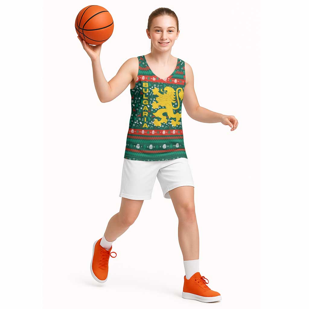 Bulgaria Christmas Basketball Jersey with Green-Red Theme, Golden Lion, and Santa Sleigh Motif - Wonder Print Shop