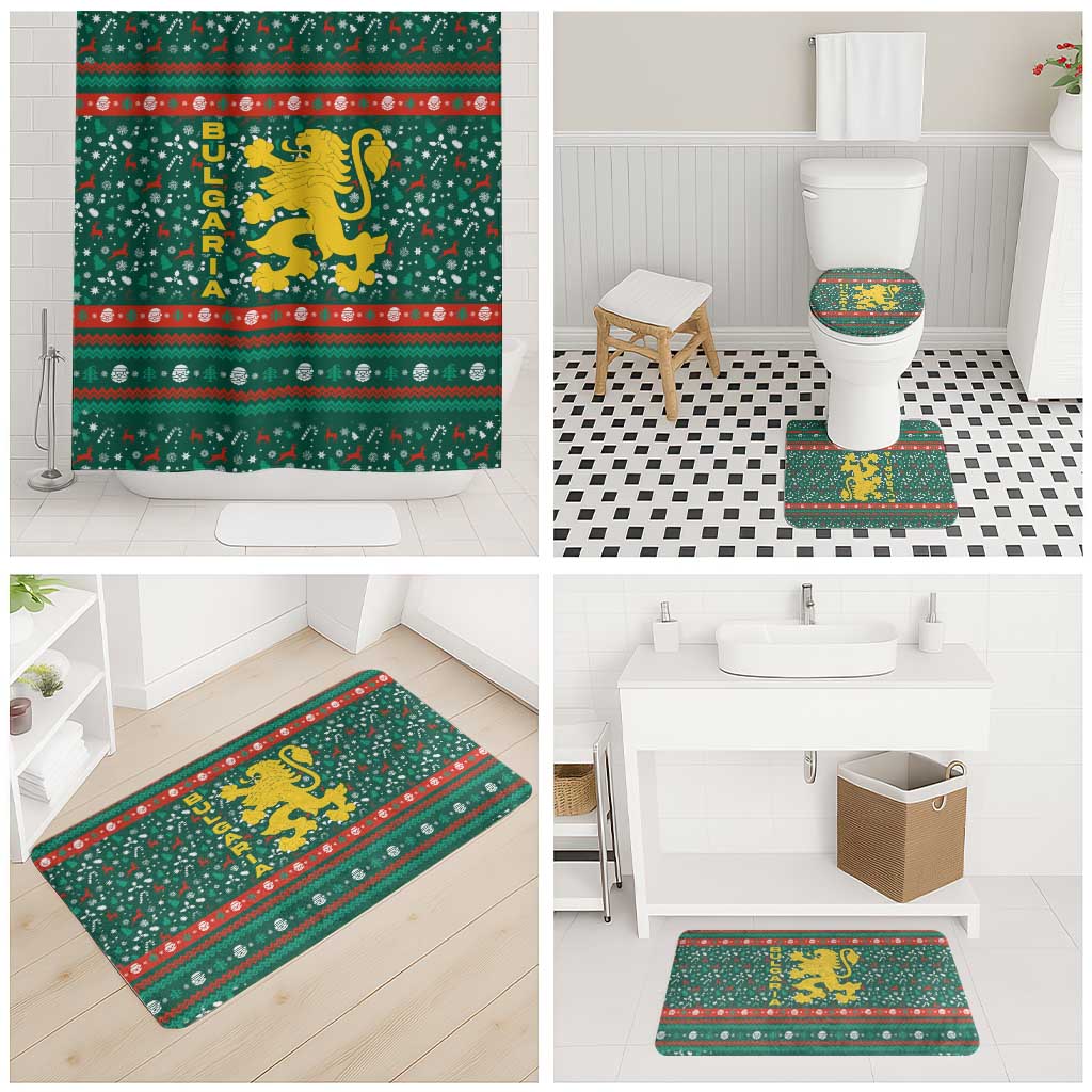 Bulgaria Christmas Bathroom Set with Green-Red Theme, Golden Lion, and Santa Sleigh Motif - Wonder Print Shop