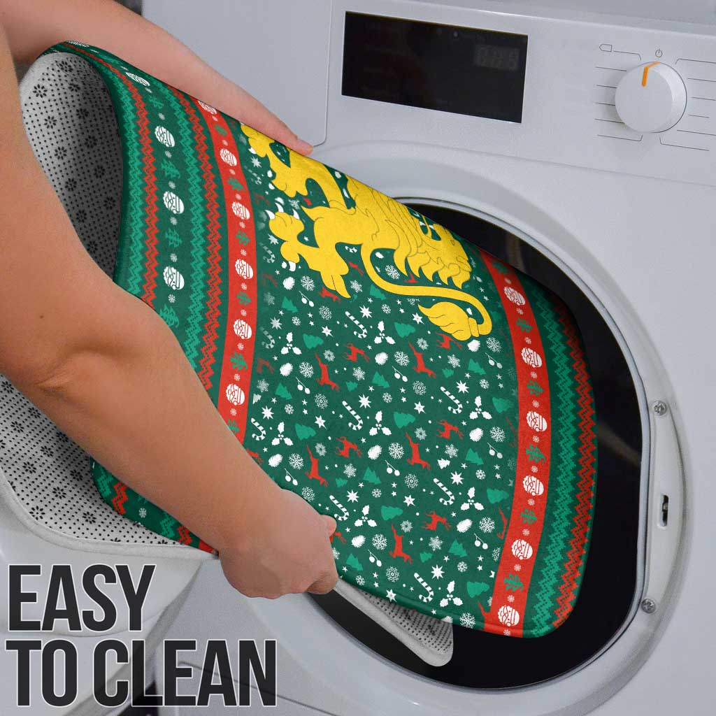 Bulgaria Christmas Bathroom Set with Green-Red Theme, Golden Lion, and Santa Sleigh Motif - Wonder Print Shop