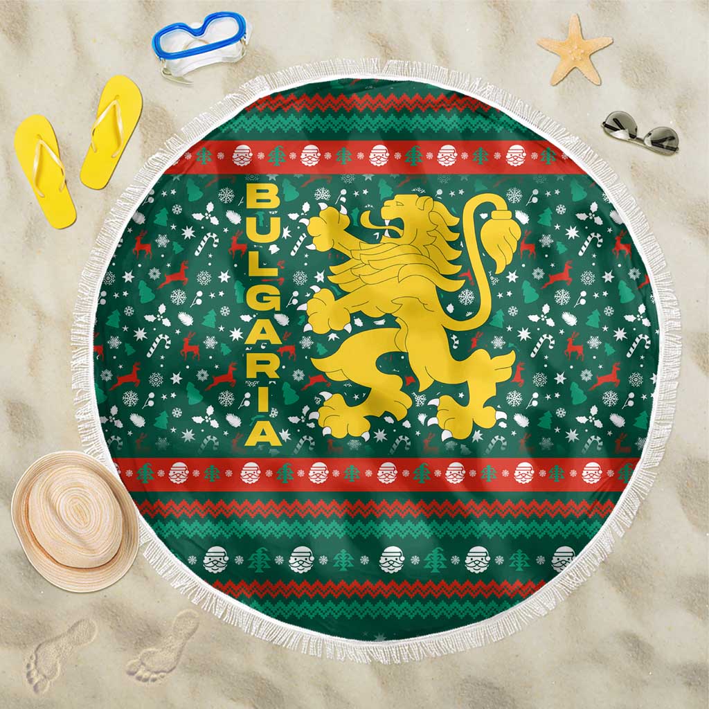 Bulgaria Christmas Beach Blanket with Green-Red Theme, Golden Lion, and Santa Sleigh Motif - Wonder Print Shop