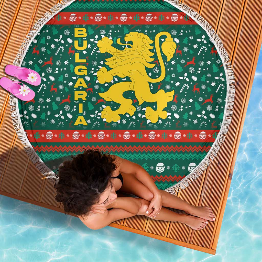 Bulgaria Christmas Beach Blanket with Green-Red Theme, Golden Lion, and Santa Sleigh Motif - Wonder Print Shop