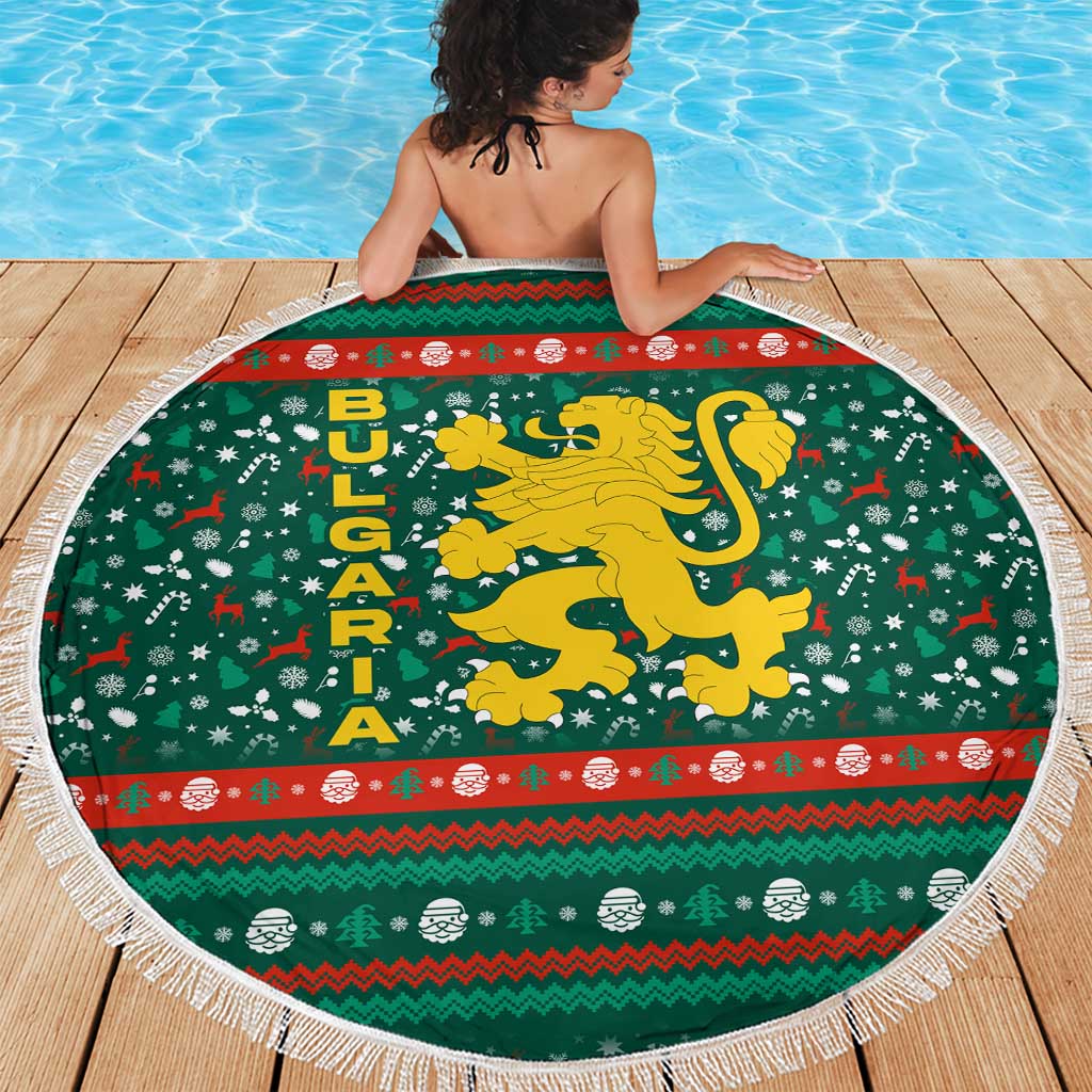 Bulgaria Christmas Beach Blanket with Green-Red Theme, Golden Lion, and Santa Sleigh Motif - Wonder Print Shop