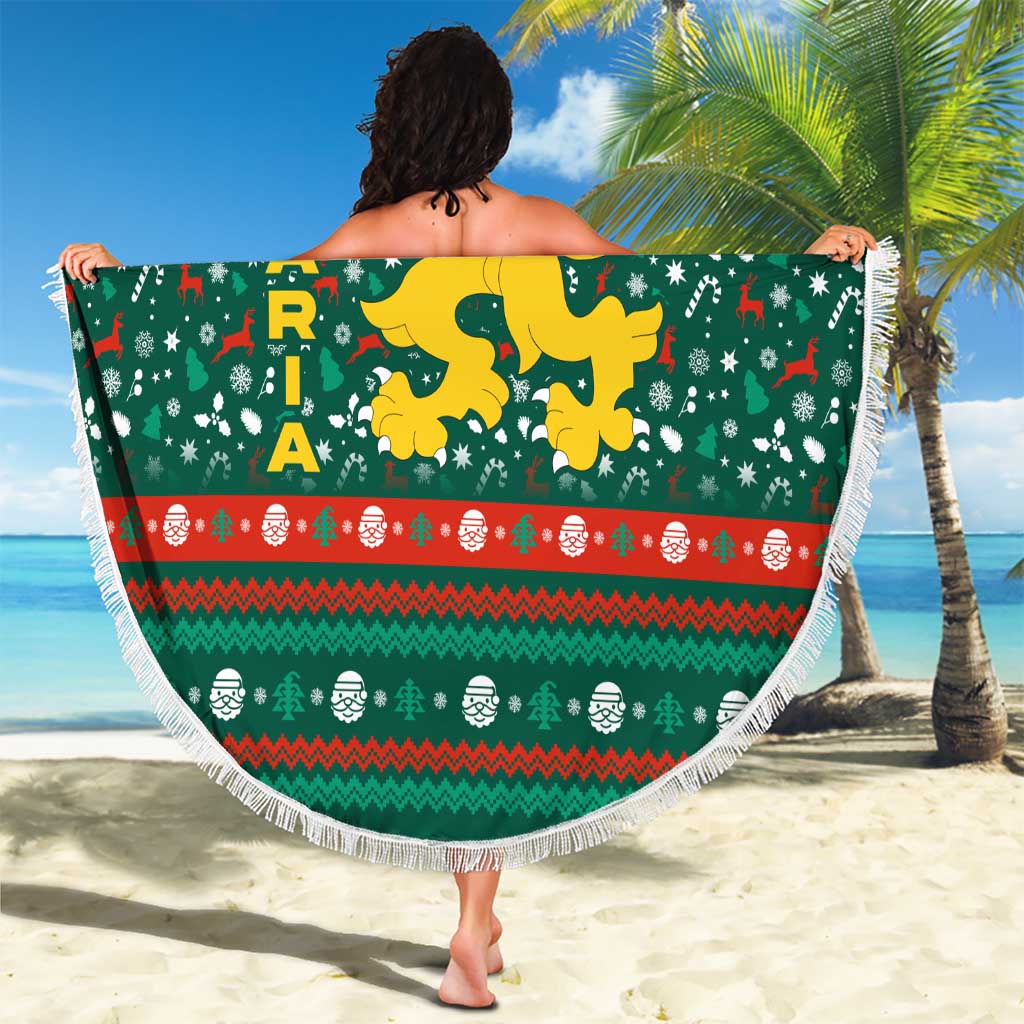 Bulgaria Christmas Beach Blanket with Green-Red Theme, Golden Lion, and Santa Sleigh Motif - Wonder Print Shop