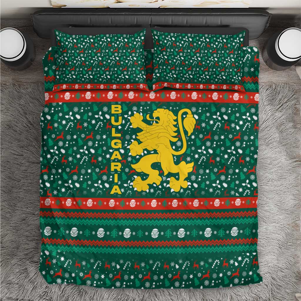 Bulgaria Christmas Bedding Set with Green-Red Theme, Golden Lion, and Santa Sleigh Motif - Wonder Print Shop