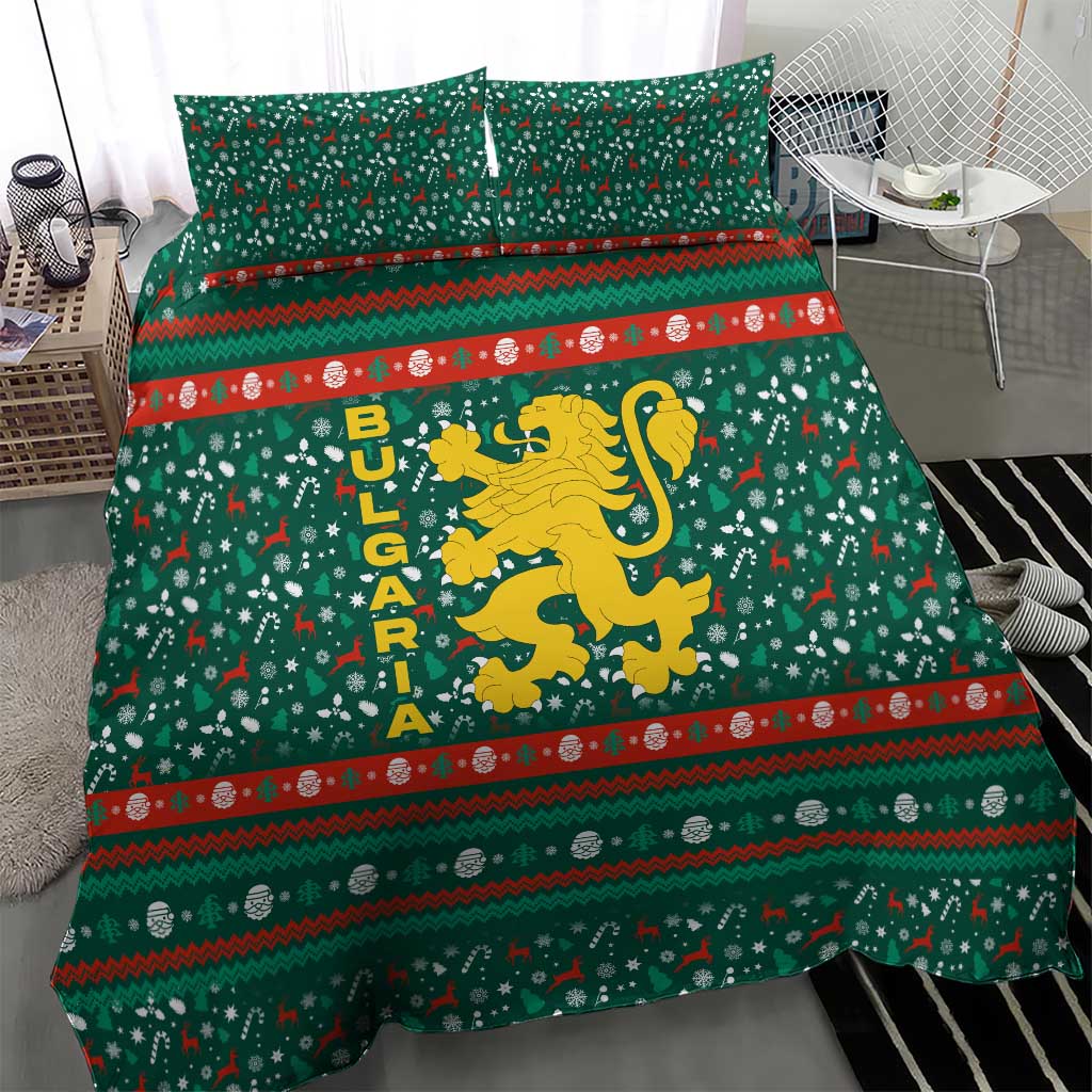 Bulgaria Christmas Bedding Set with Green-Red Theme, Golden Lion, and Santa Sleigh Motif - Wonder Print Shop