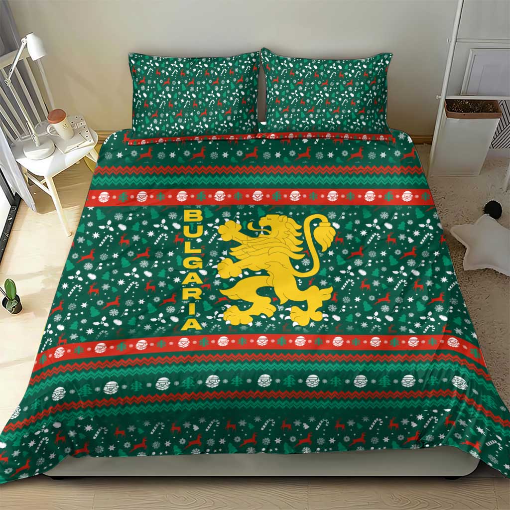 Bulgaria Christmas Bedding Set with Green-Red Theme, Golden Lion, and Santa Sleigh Motif - Wonder Print Shop