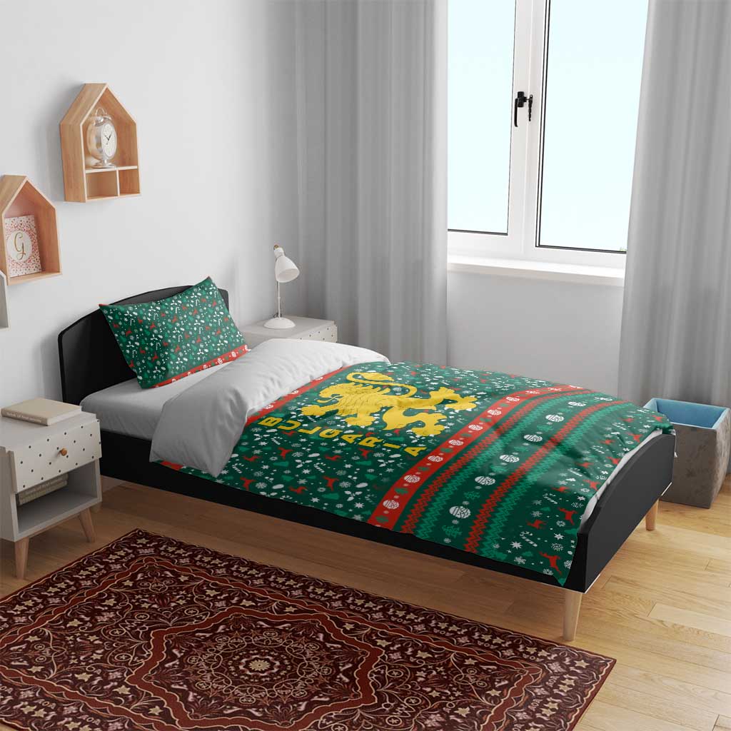 Bulgaria Christmas Bedding Set with Green-Red Theme, Golden Lion, and Santa Sleigh Motif - Wonder Print Shop