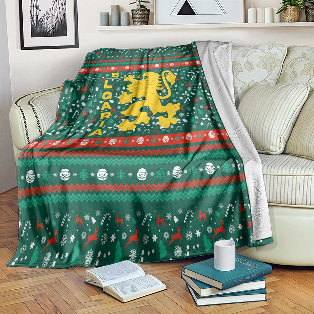 Bulgaria Christmas Blanket with Green-Red Theme, Golden Lion, and Santa Sleigh Motif - Wonder Print Shop