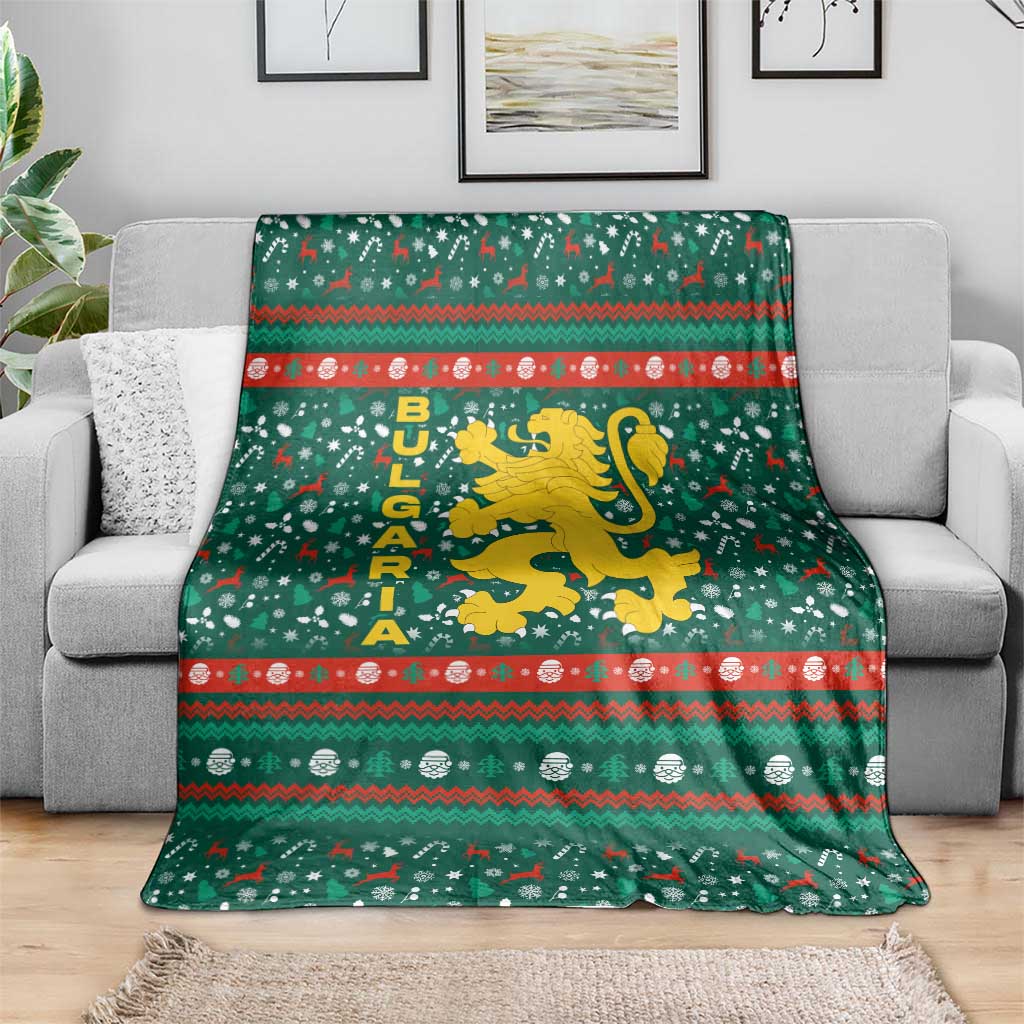 Bulgaria Christmas Blanket with Green-Red Theme, Golden Lion, and Santa Sleigh Motif - Wonder Print Shop