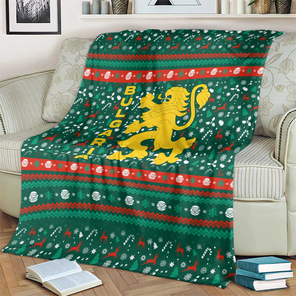 Bulgaria Christmas Blanket with Green-Red Theme, Golden Lion, and Santa Sleigh Motif - Wonder Print Shop
