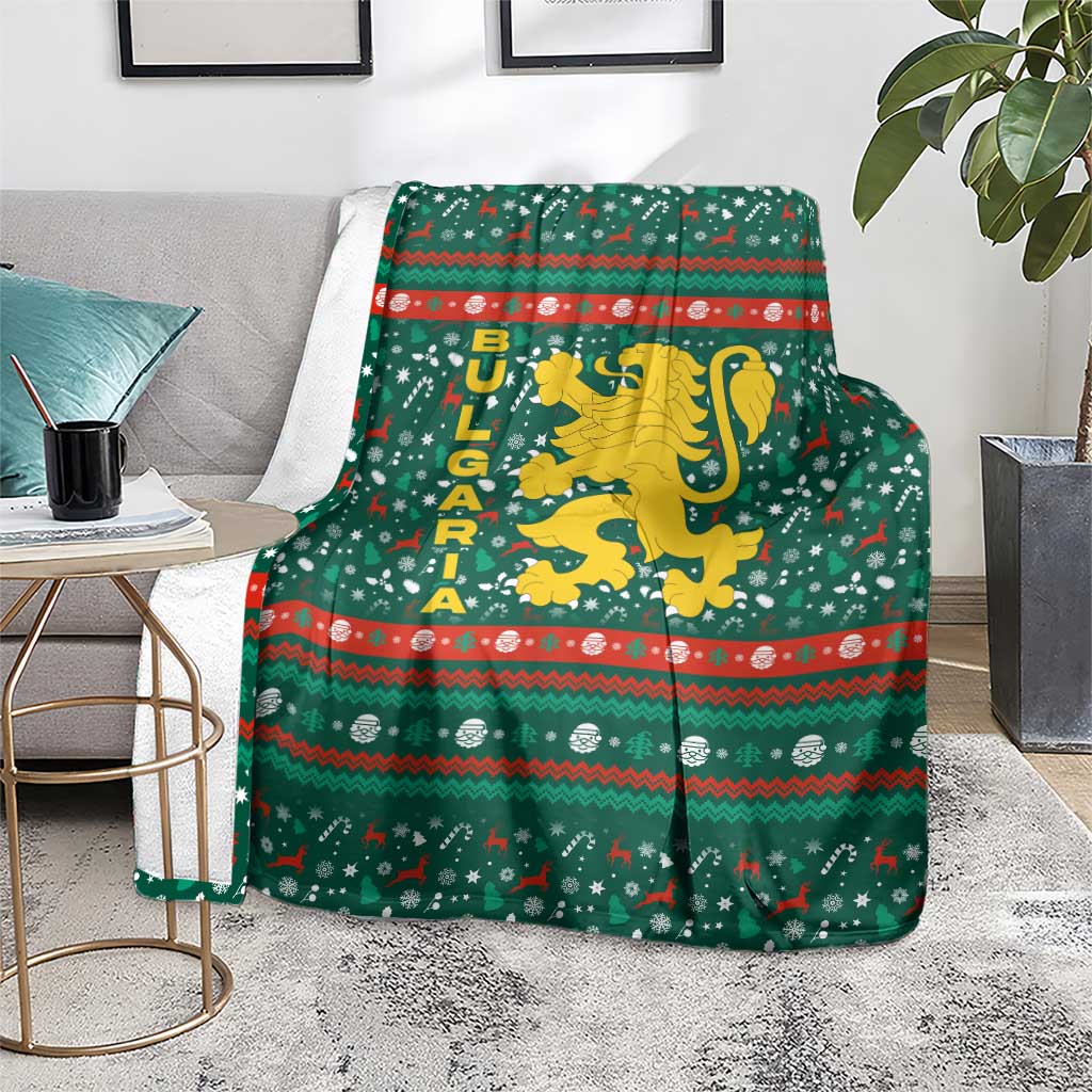 Bulgaria Christmas Blanket with Green-Red Theme, Golden Lion, and Santa Sleigh Motif - Wonder Print Shop