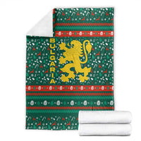 Bulgaria Christmas Blanket with Green-Red Theme, Golden Lion, and Santa Sleigh Motif - Wonder Print Shop
