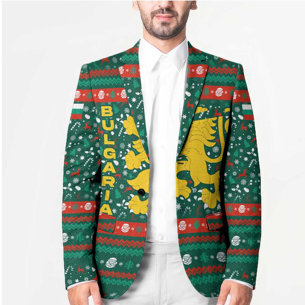 Bulgaria Christmas Blazer with Green-Red Theme, Golden Lion, and Santa Sleigh Motif - Wonder Print Shop