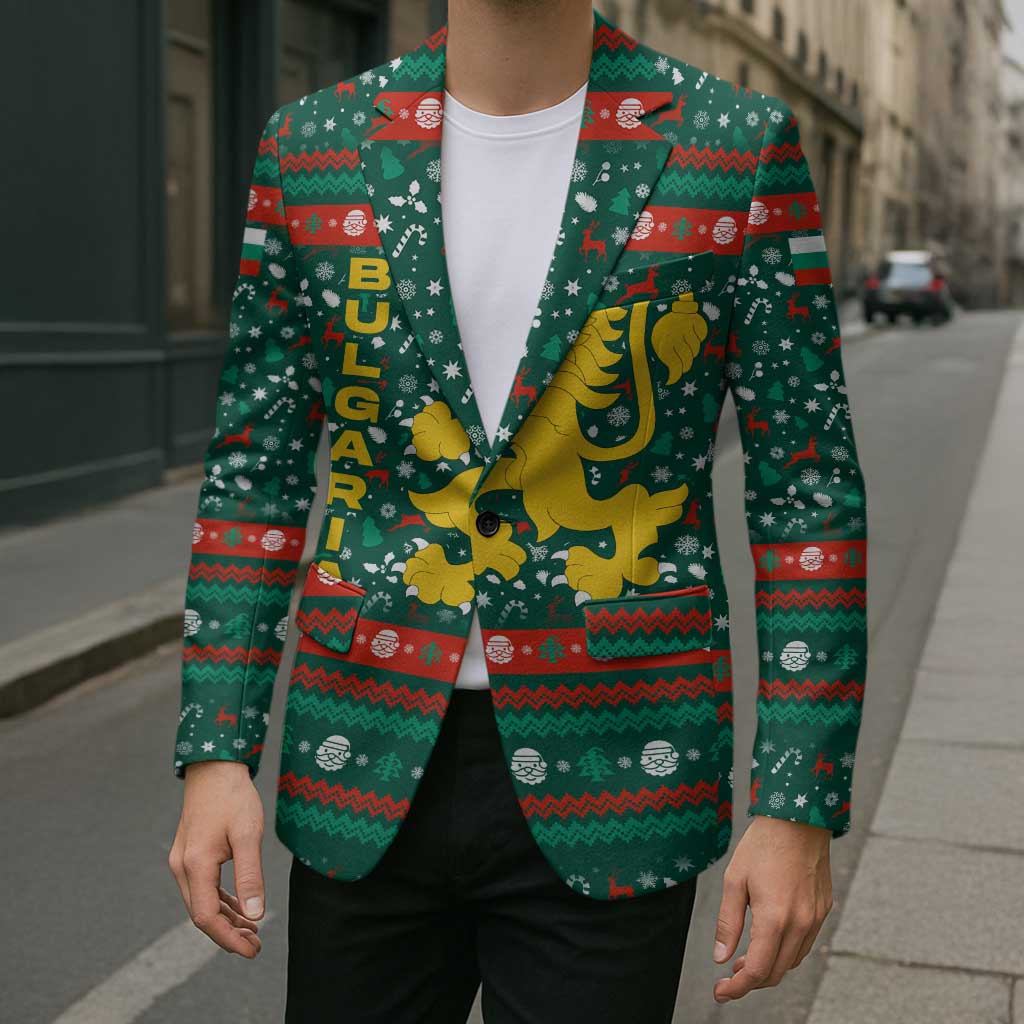 Bulgaria Christmas Blazer with Green-Red Theme, Golden Lion, and Santa Sleigh Motif - Wonder Print Shop
