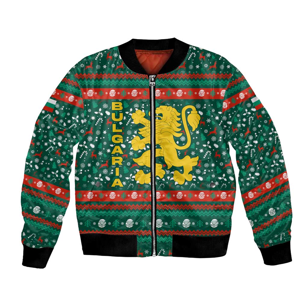 Bulgaria Christmas Bomber Jacket with Green-Red Theme, Golden Lion, and Santa Sleigh Motif - Wonder Print Shop