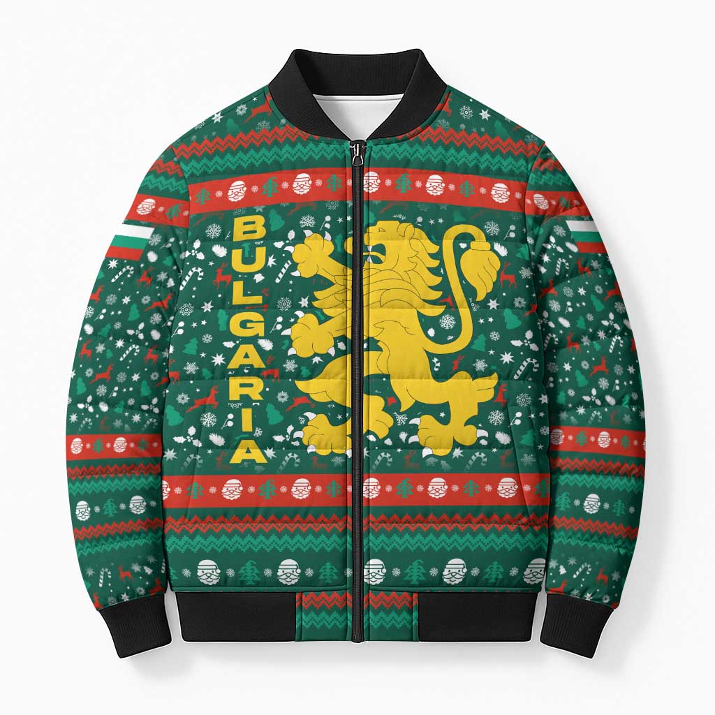 Bulgaria Christmas Bomber Puffer Jacket with Green-Red Theme, Golden Lion, and Santa Sleigh Motif - Wonder Print Shop