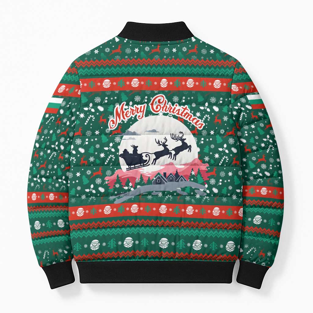 Bulgaria Christmas Bomber Puffer Jacket with Green-Red Theme, Golden Lion, and Santa Sleigh Motif - Wonder Print Shop