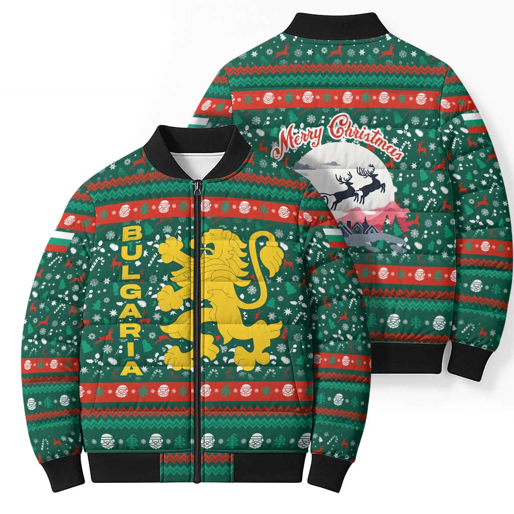 Bulgaria Christmas Bomber Puffer Jacket with Green-Red Theme, Golden Lion, and Santa Sleigh Motif - Wonder Print Shop